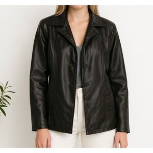 Me Jane Black Faux Leather Blazer Jacket Womens Sz XL 16 Notch Lapel Two Button